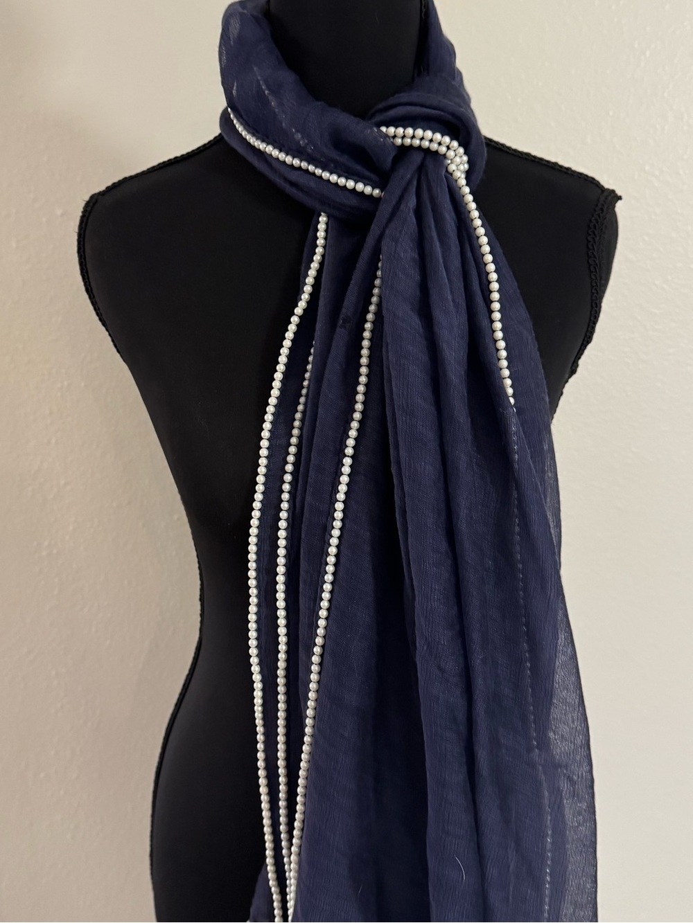Pearl-Trim Navy Scarf Wrap for Women Wool & Silk NWT